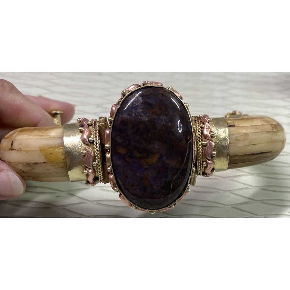 TARA MESA‎ Mocha Brown Agate& Bone Bangle Bracelet Silver/ Copper/Brass-Used